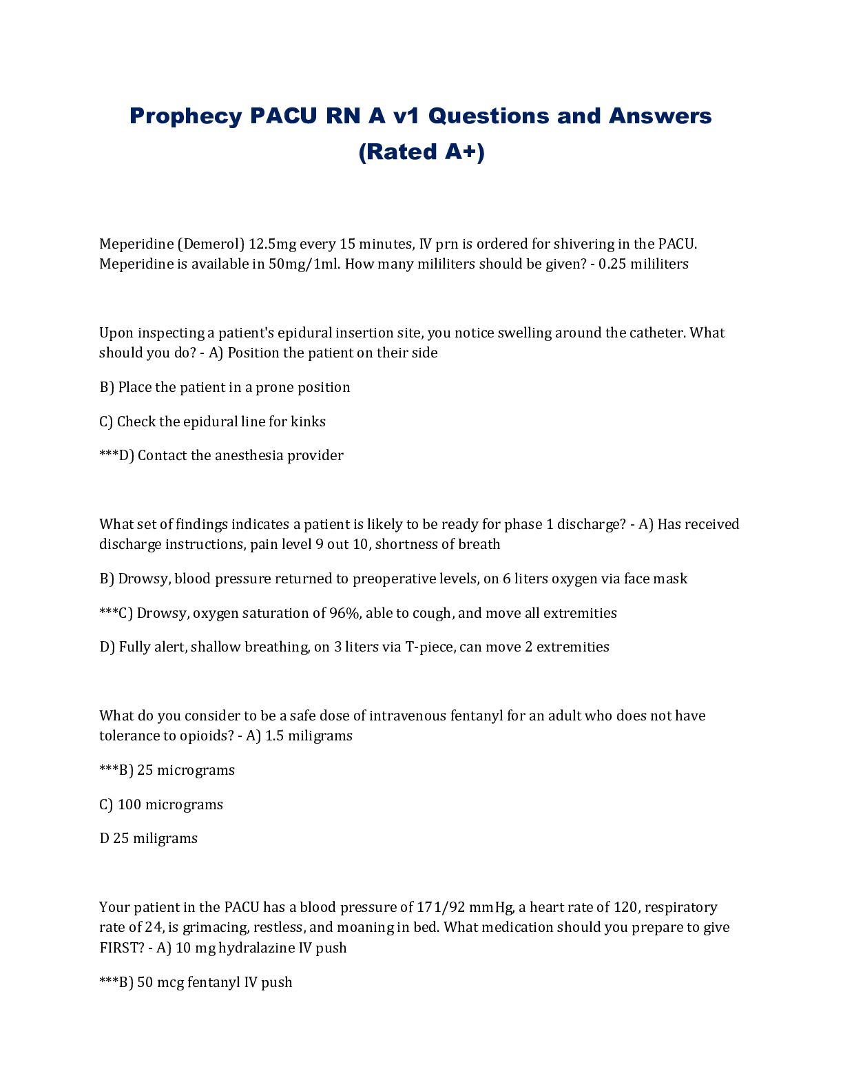 Preview image for Prophecy PACU RN A v1 Questions and Answers (Rated A+)